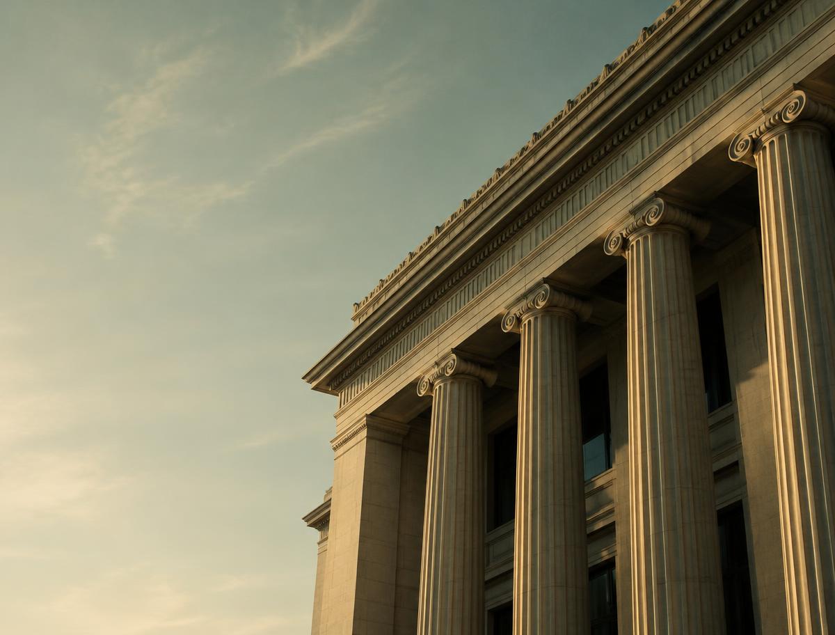 Columns of a stately civic building in warm morning light