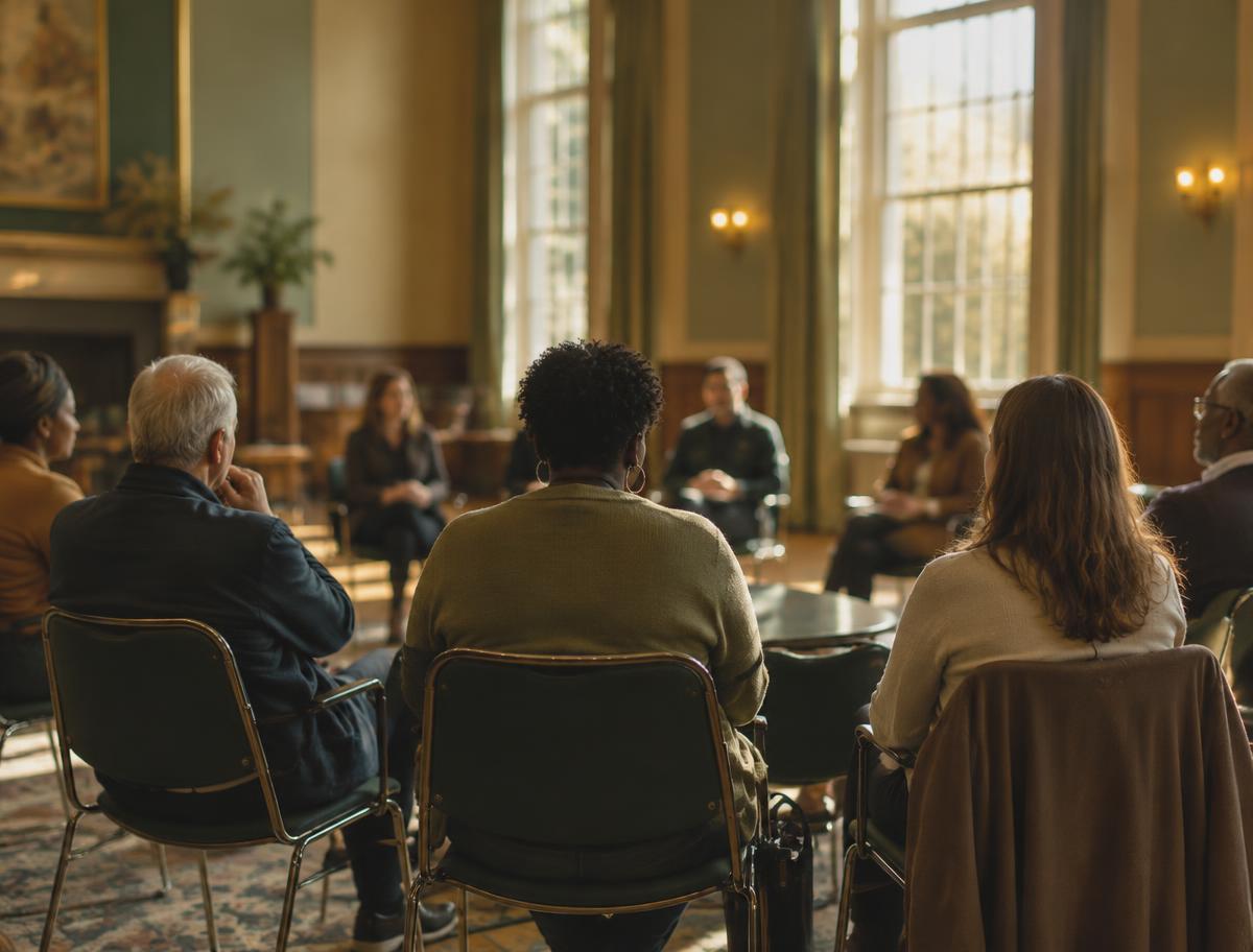 A community roundtable discussion in a sunlit civic hall