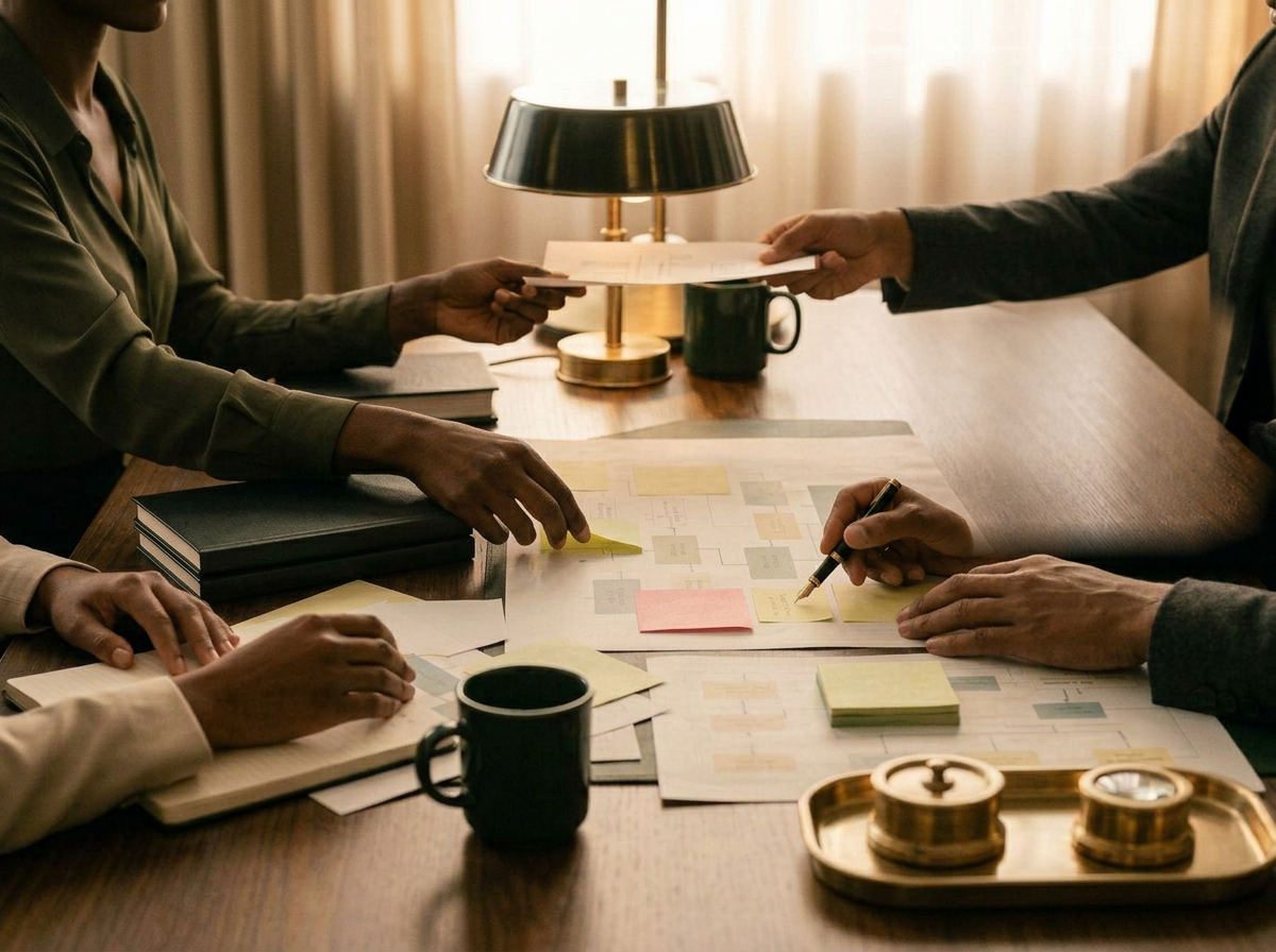 A strategy room session in progress: colleagues reach across a large conference table to move sticky notes and mark up a planning diagram spread between them