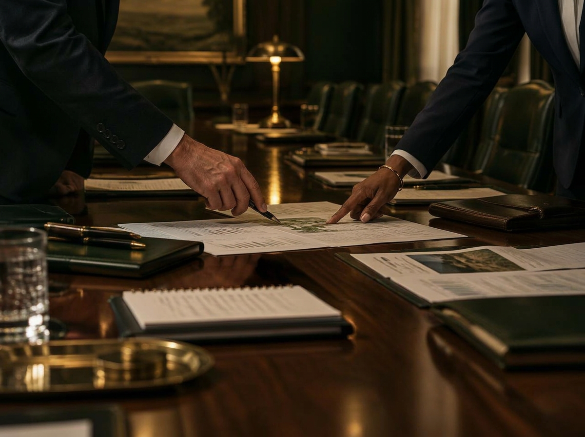 A man and a woman reviewing strategy documents across a boardroom table, with only their hands and forearms visible
